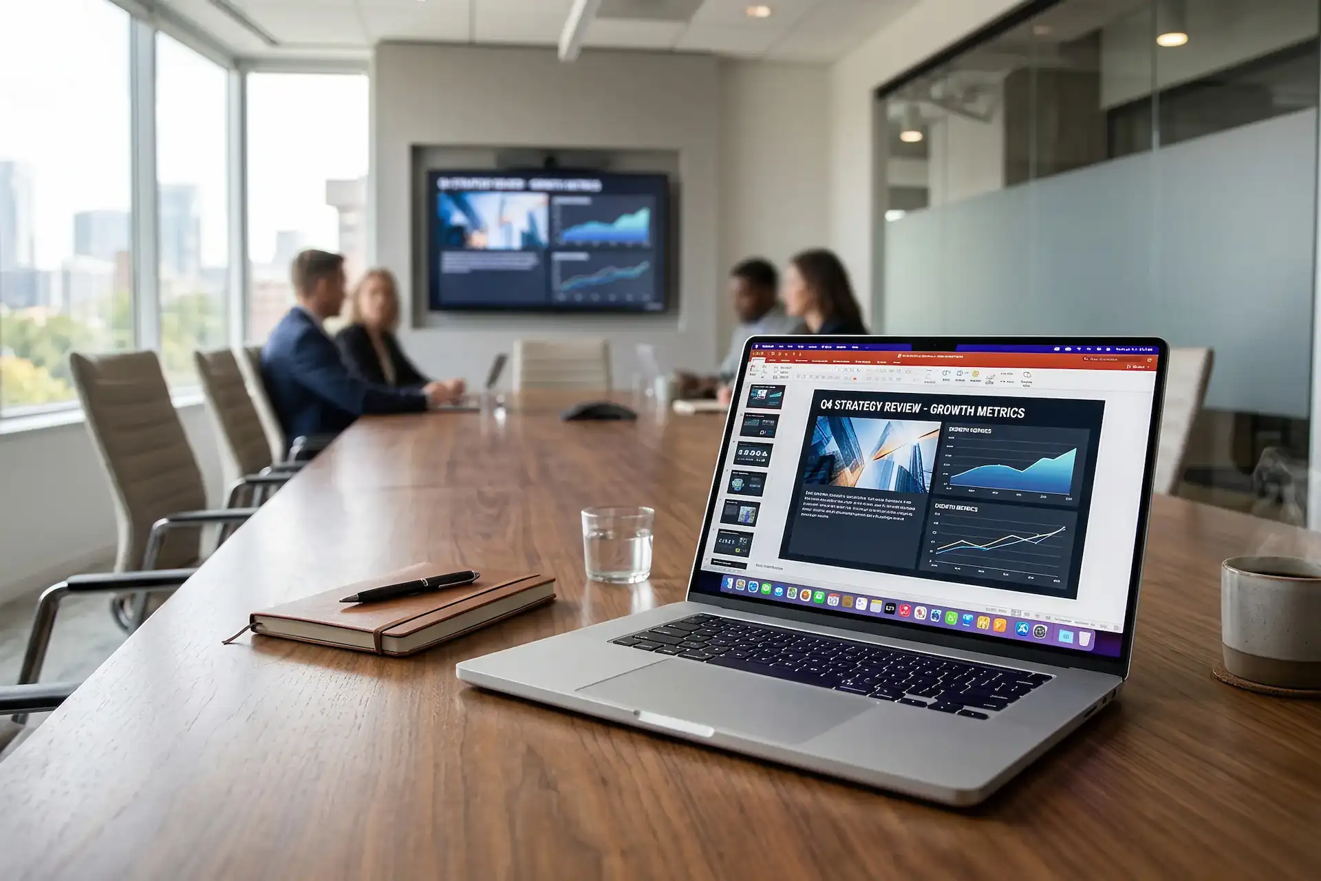 Laptop sitting on a table in a conference room